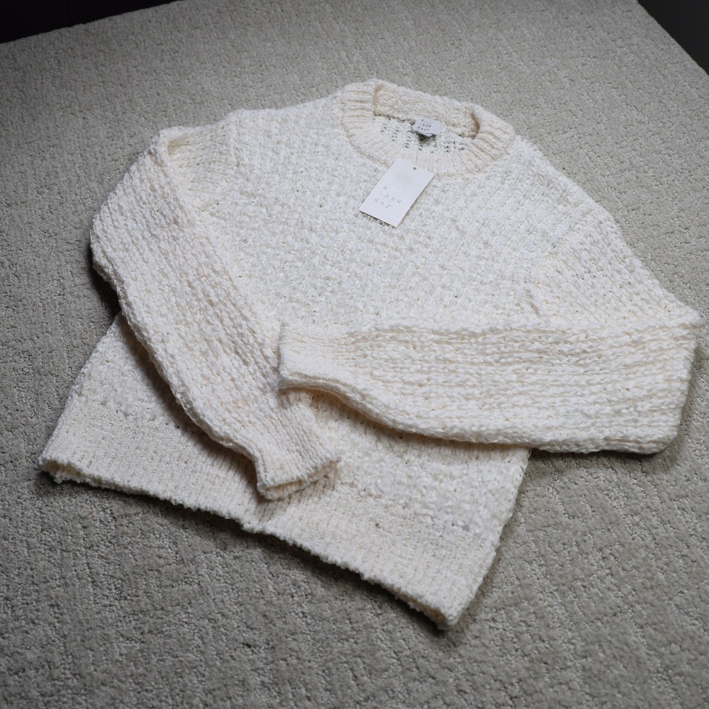 A New Day Cream Tape Yarn Textured Crewneck Sweater XS NWT